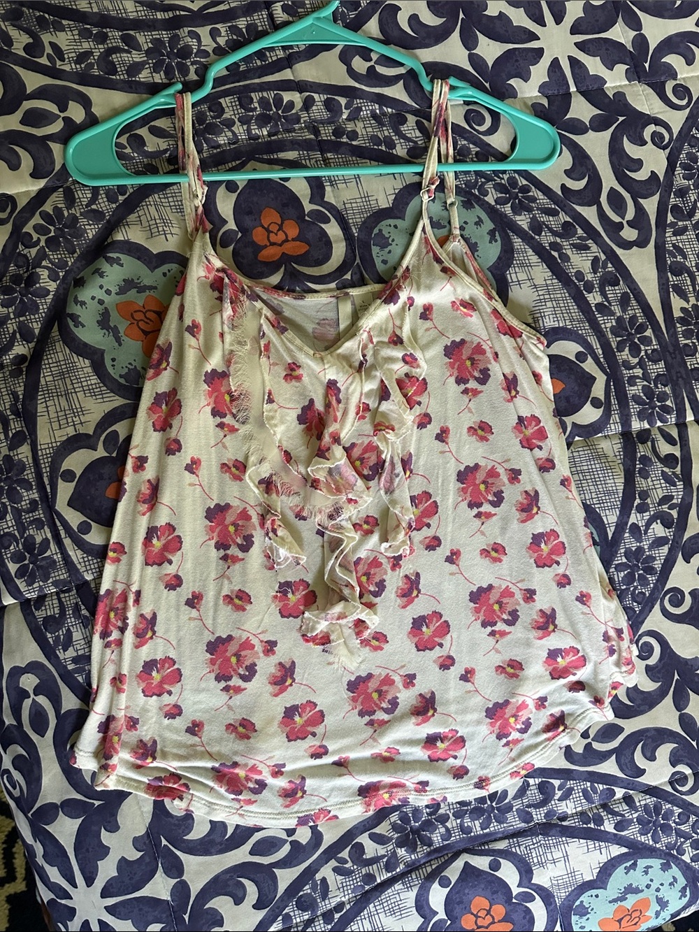 LC Lauren Conrad Cream Floral Ruffle Cami with Pink Flowers
